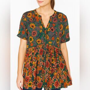 Anthropologie Green and Orange Floral Blouse
